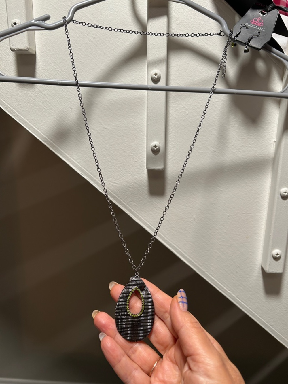 paparazzi gunmetal Oval Pendant Necklace with Lime Accent and matching earrings